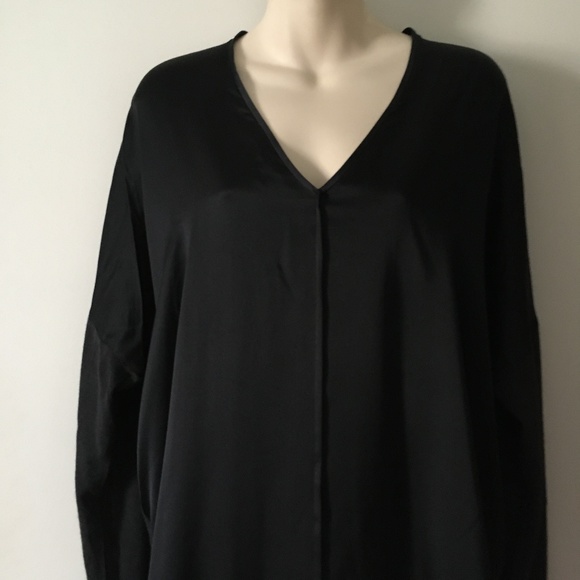 VINCE Black Silk + Lightweight Knit Contrast Panel V Neck Tunic L - Picture 2 of 6